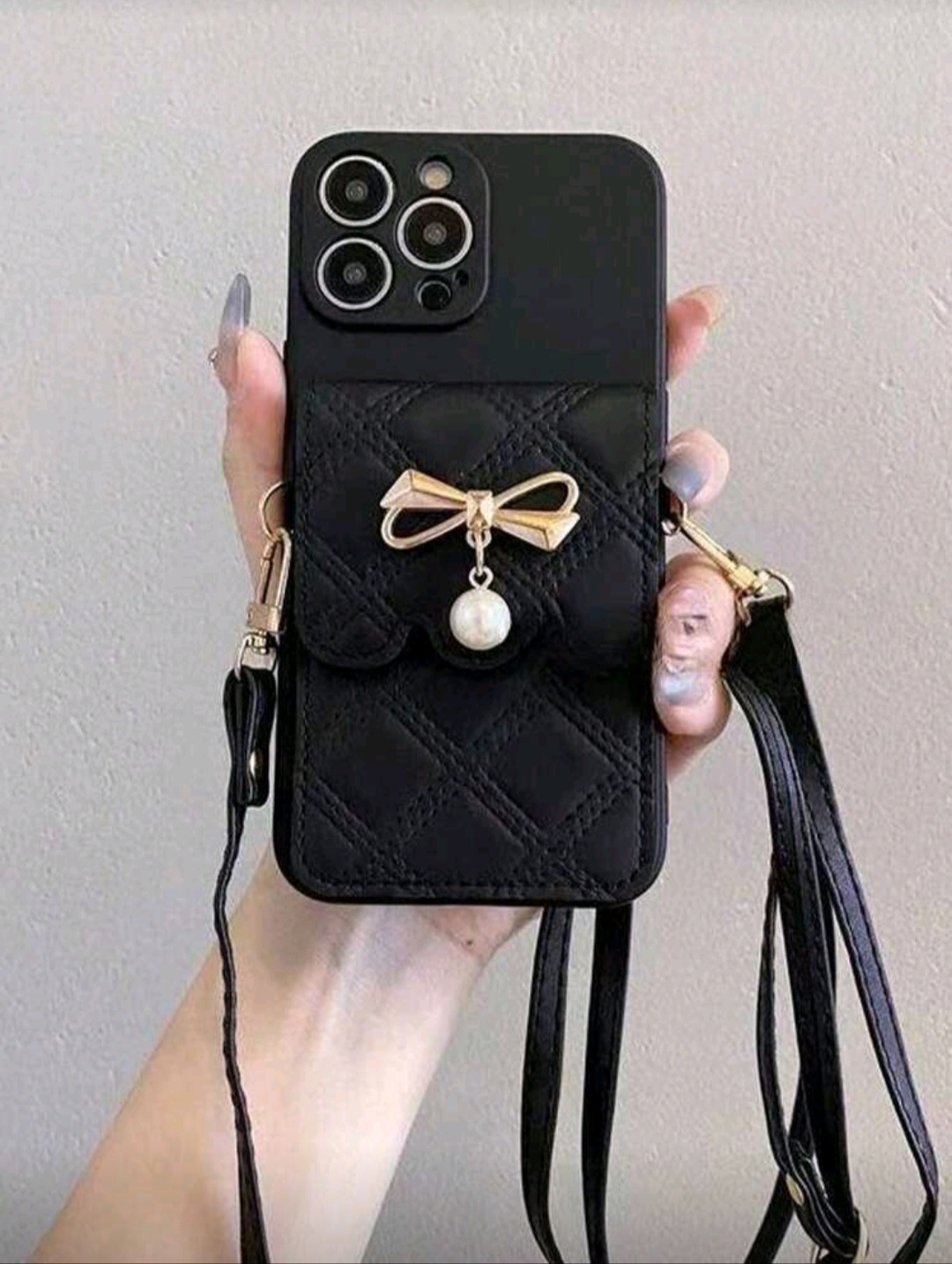 Coque girly style Sac bandoulière avec perles (Noir)